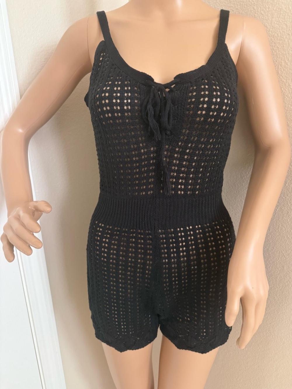 Black Crochet Knit Sleeveless Romper